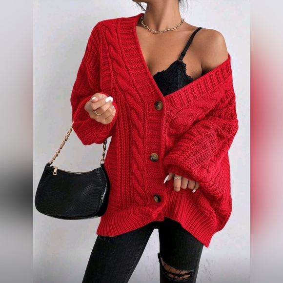 New Boho Chunky Cable Knit Cardigan Sweater Red - Picture 1 of 8